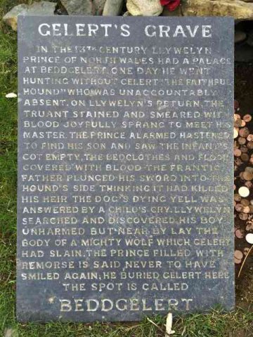 The legend of the faithful hound, Gelert, on his gravestone in Beddgelert, N.Wales.